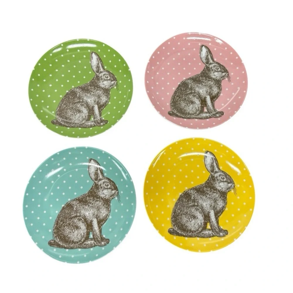 BIA Polka Dot Easter Bunny Rabbit Salad Dessert Plates Set of 4 Pastel Colors
